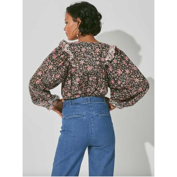 CLEOBELLA NWT Evereve Brynlee Black Pink Org Cotton Metallic Print Blouse // M - Picture 2 of 16